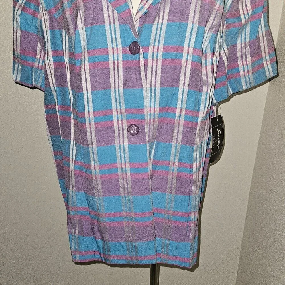 NEW VTG Sweet Suit Woman Blue Purple Plaid Blazer Jacket Size 24W Short-Sleeves